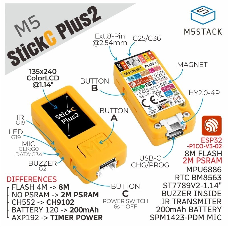 M5Stack ポータブル M5StickC PLUS2 E - M5Stickc のレビューと価格